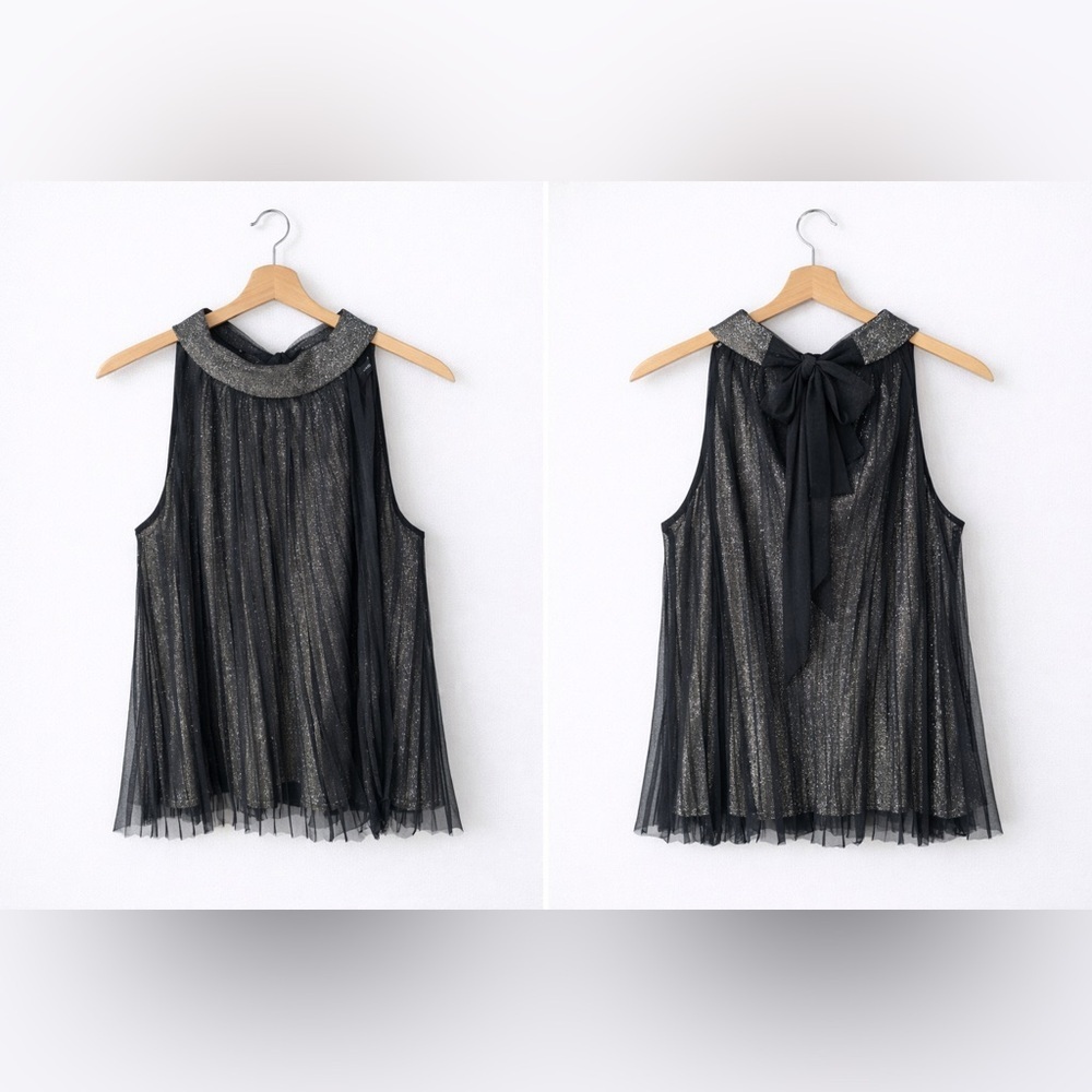 Express Metallic Pleated Halter Top Black Gold Sheer Party Blouse XL, EUC